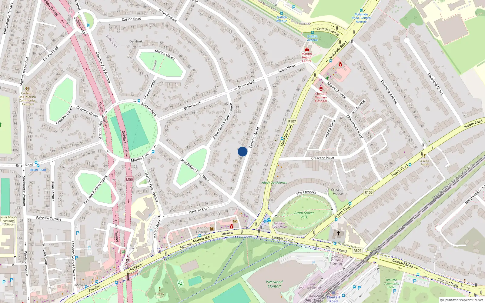 Overhead map showing the location of 26 Carleton Road, Marino, Dublin 3