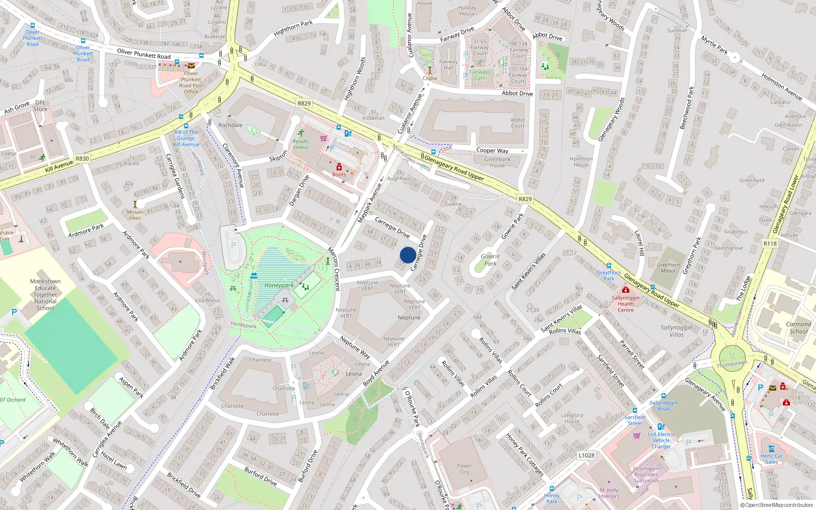 Overhead map showing the location of 26 Carnegie Drive, Dun Laoghaire