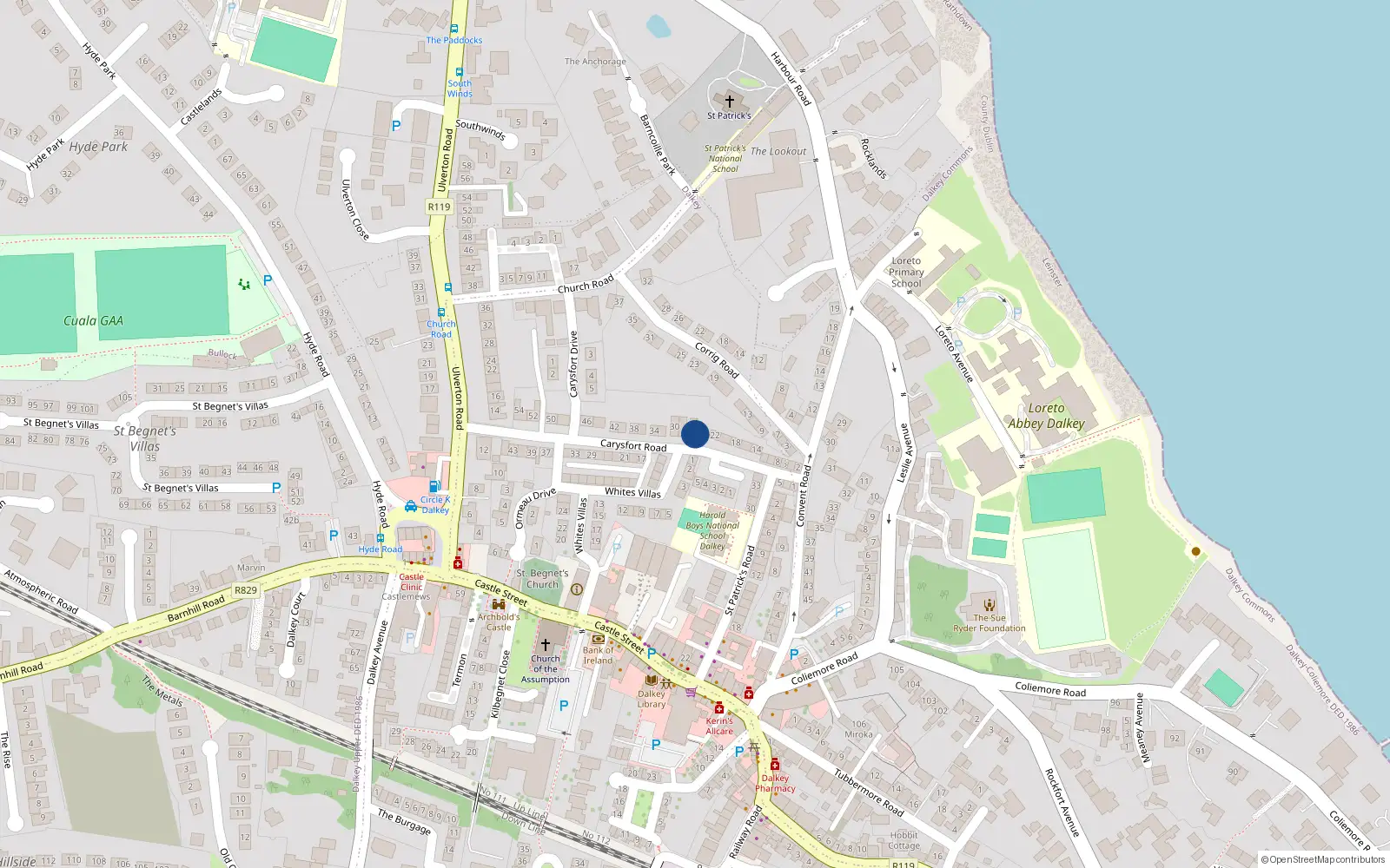 Overhead map showing the location of 26 Carysfort Road, Dalkey
