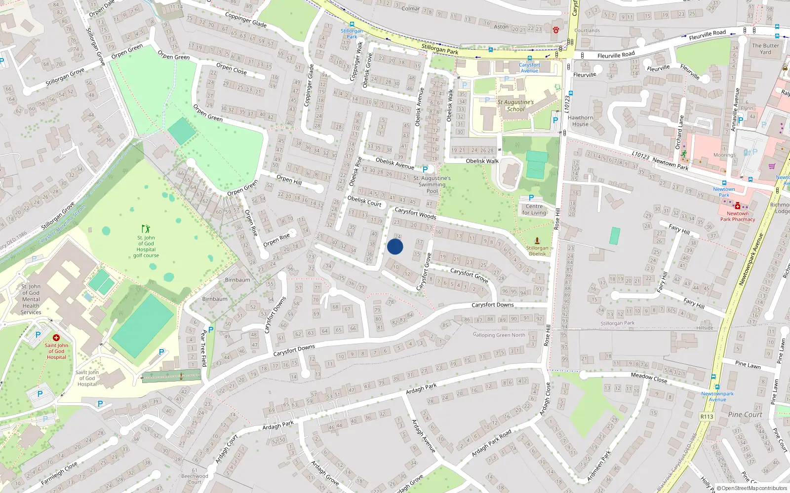 Overhead map showing the location of 26 Carysfort Woods, Blackrock