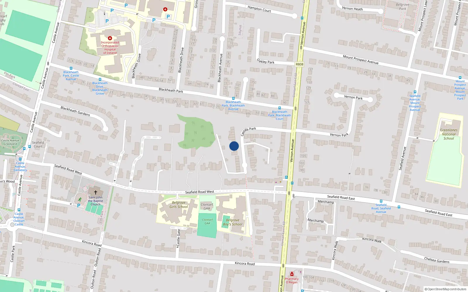 Overhead map showing the location of 26 Castilla Park, Clontarf, Dublin 3