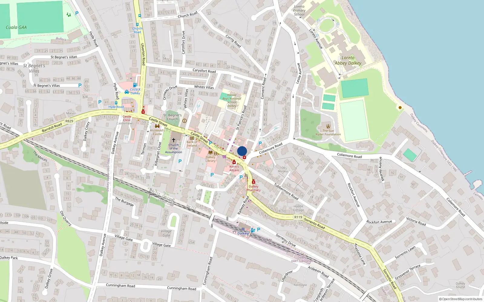Overhead map showing the location of 26 Castle Street, Dalkey