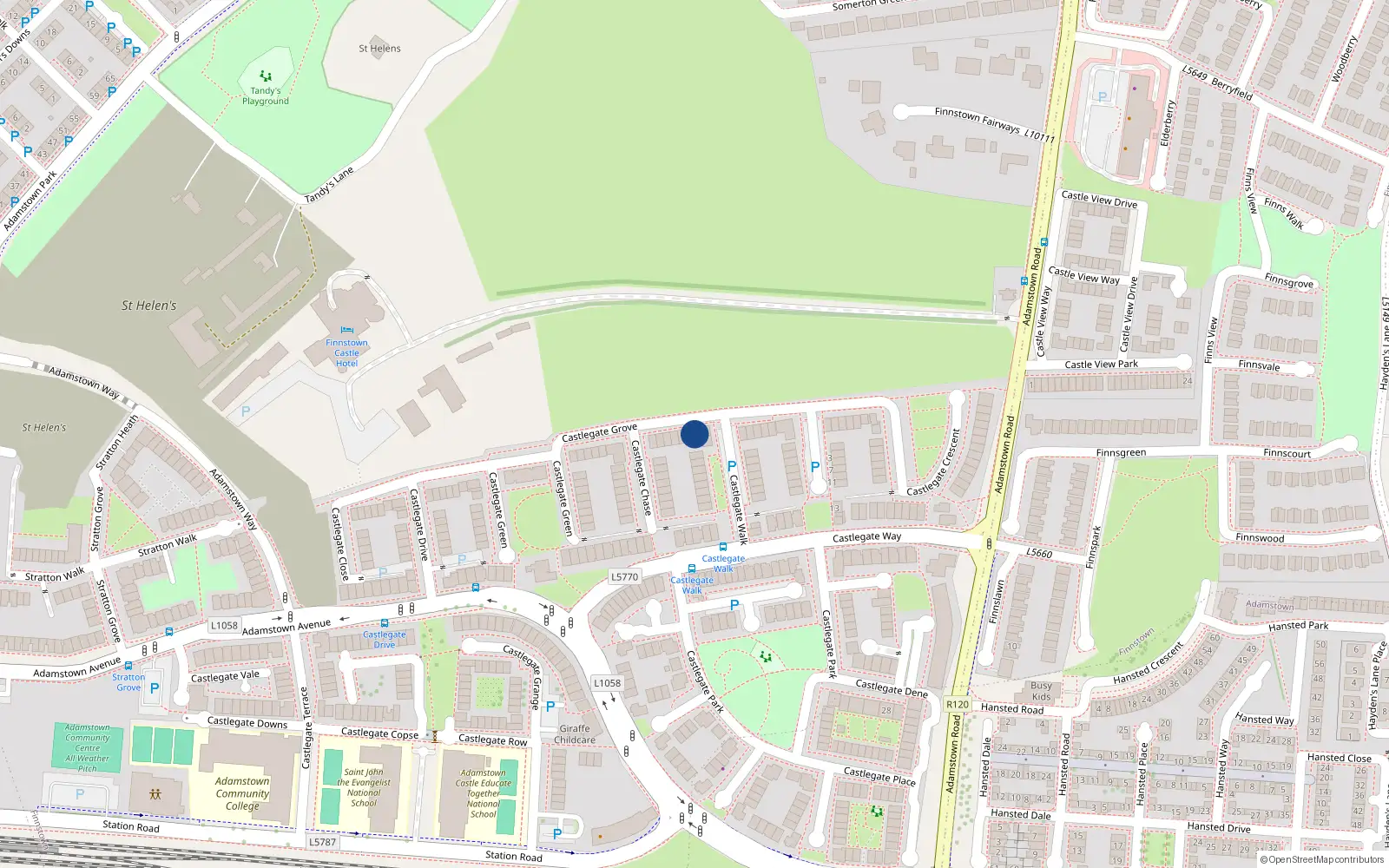 Overhead map showing the location of 26 Castlegate Grove, Adamstown, Dublin