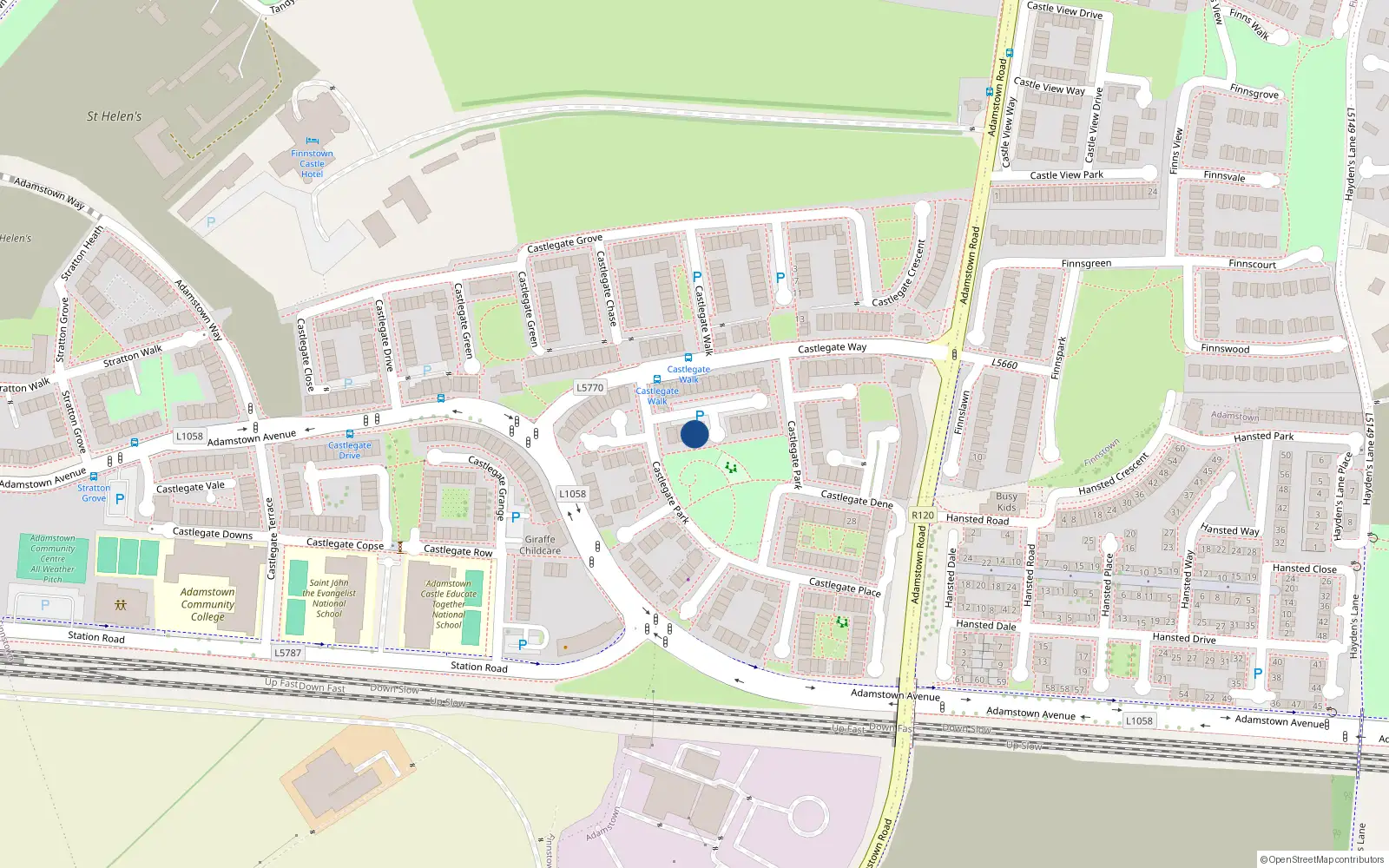 Overhead map showing the location of 26 Castlegate Park, Adamstown