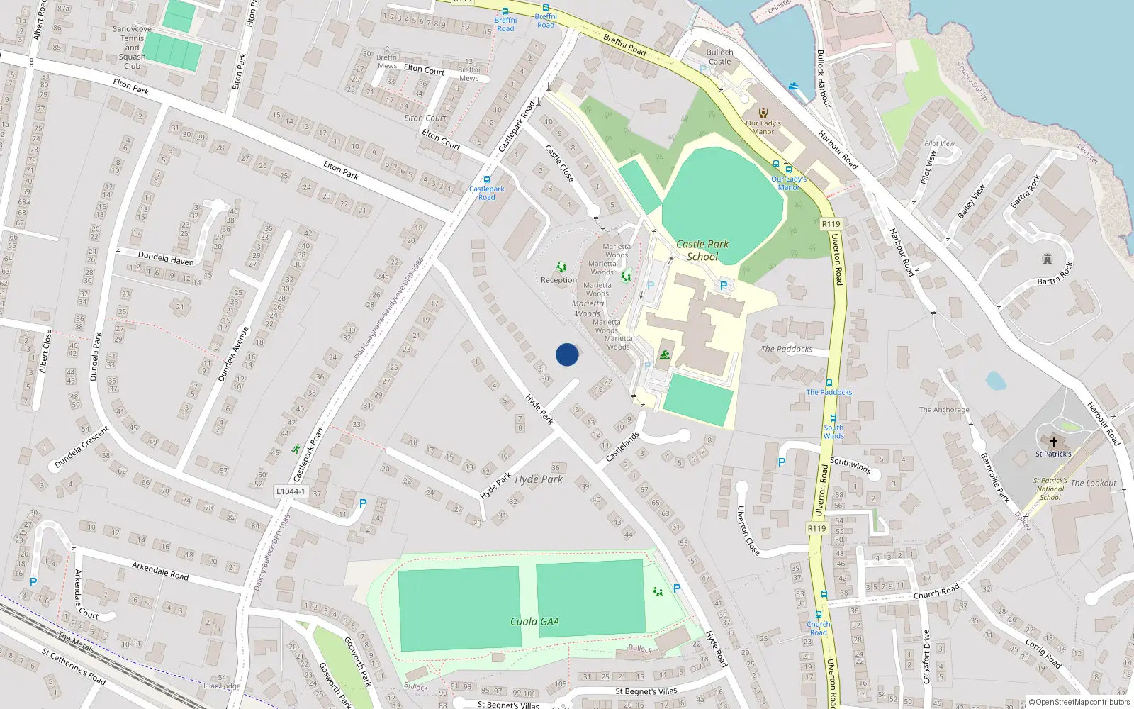 Overhead map showing the location of 26 Castlelands Grove, Dalkey, Dublin