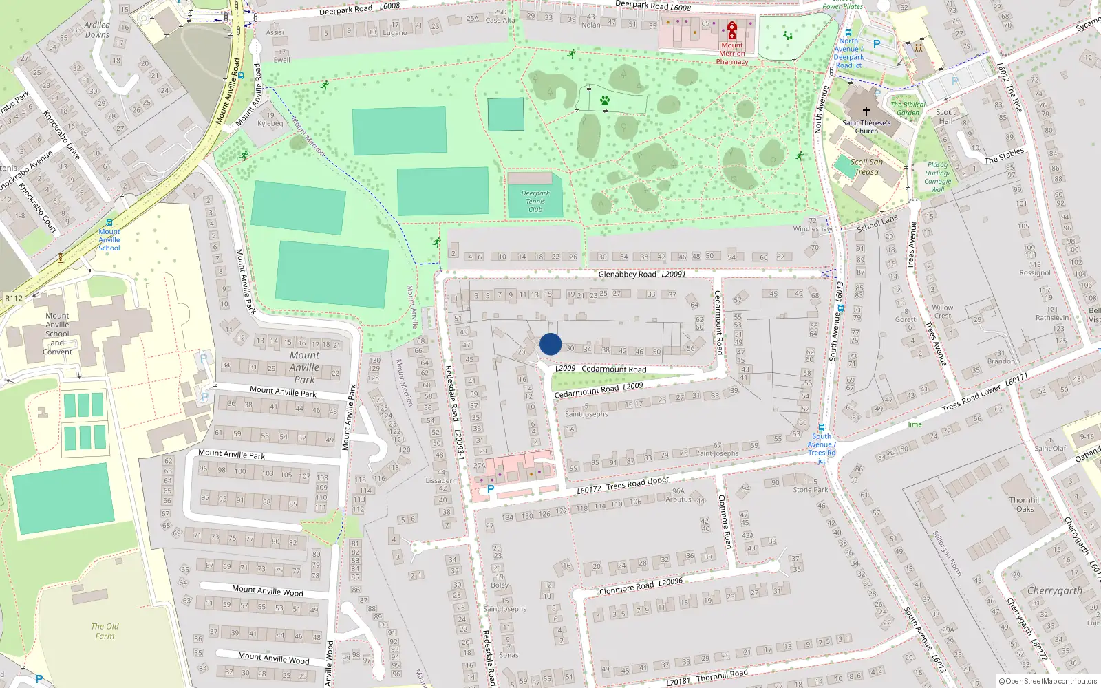 Overhead map showing the location of 26 Cedarmount Road, Mount Merrion, Dublin