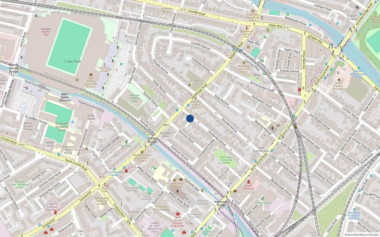 Overhead map showing the location of 26 Charleville Avenue, North Strand, Dublin 3