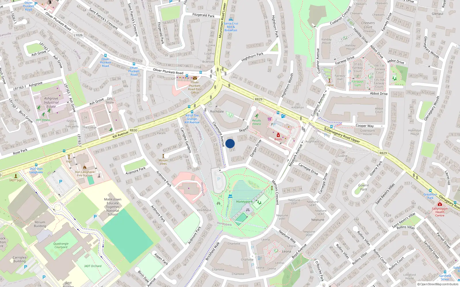 Overhead map showing the location of 26 Claremont Avenue, Dun Laoghaire