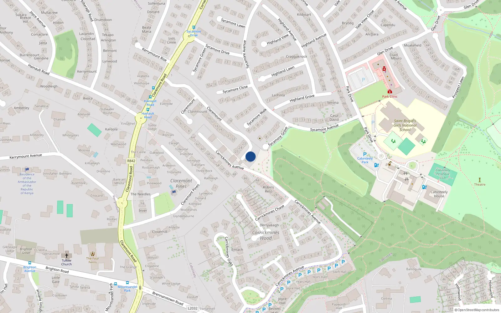 Overhead map showing the location of 26 Claremount, Dublin 18