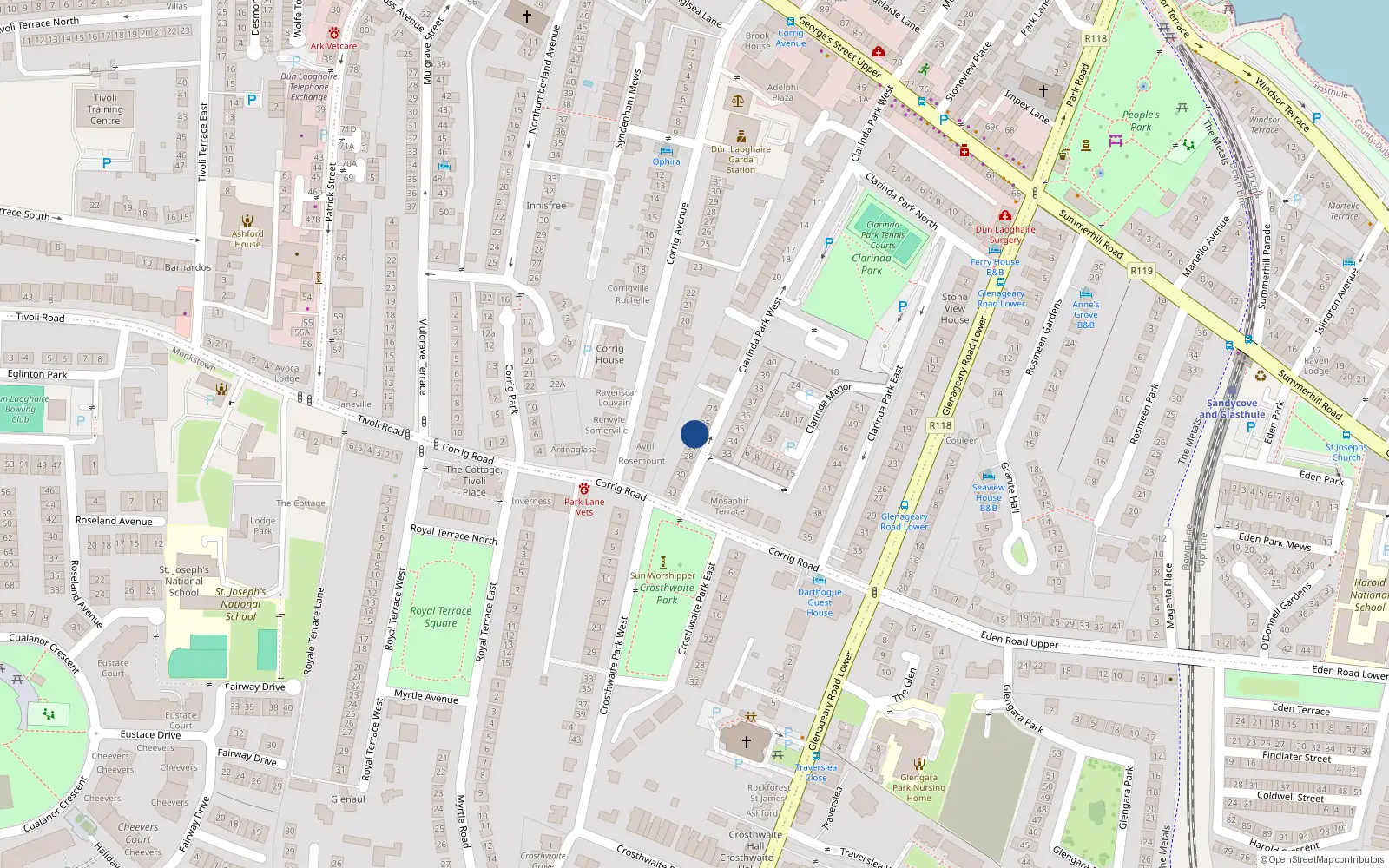 Overhead map showing the location of 26 Clarinda Park West, Dun Laoire, Dublin