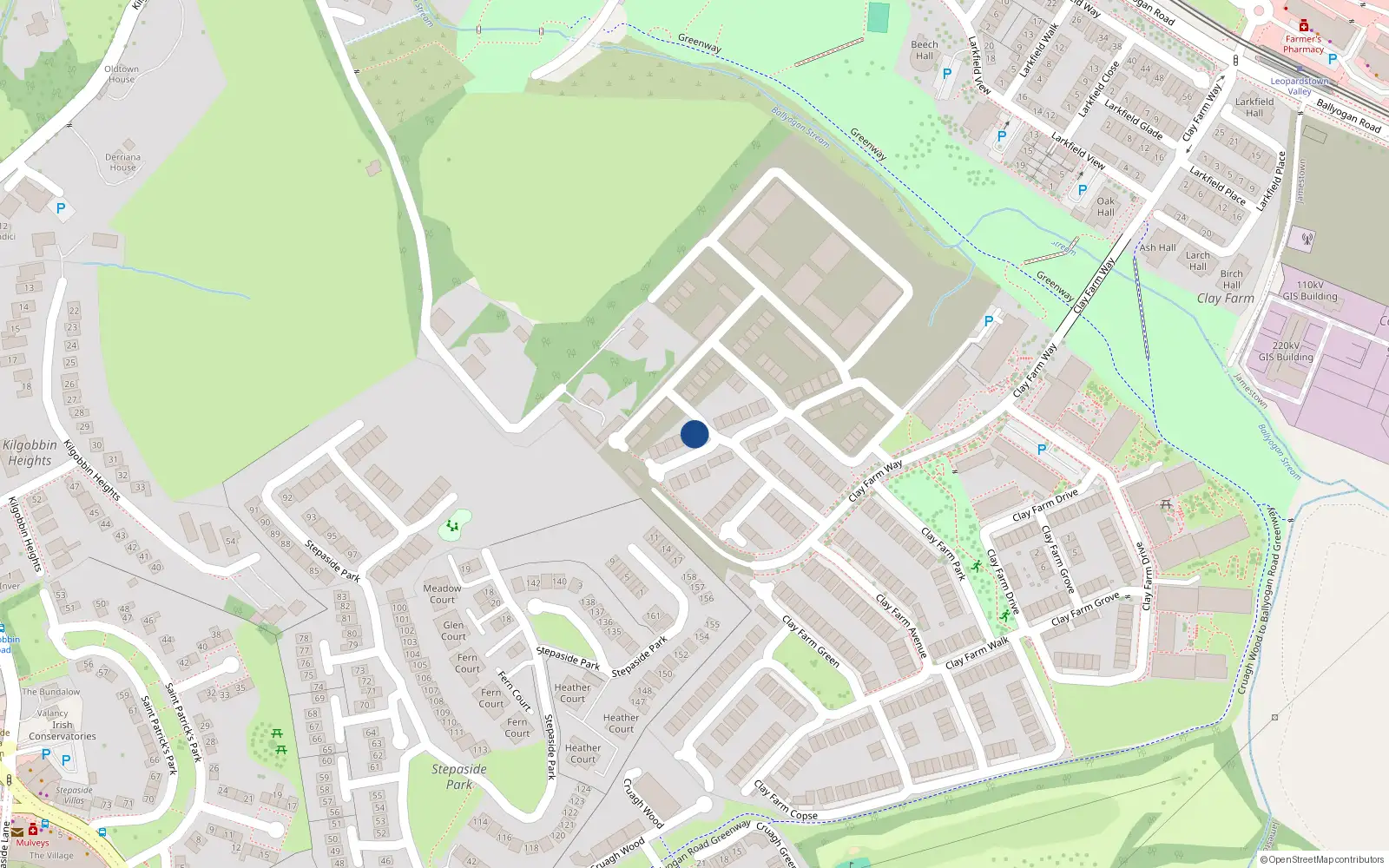 Overhead map showing the location of 26 Clay Farm Glade, Dublin 18