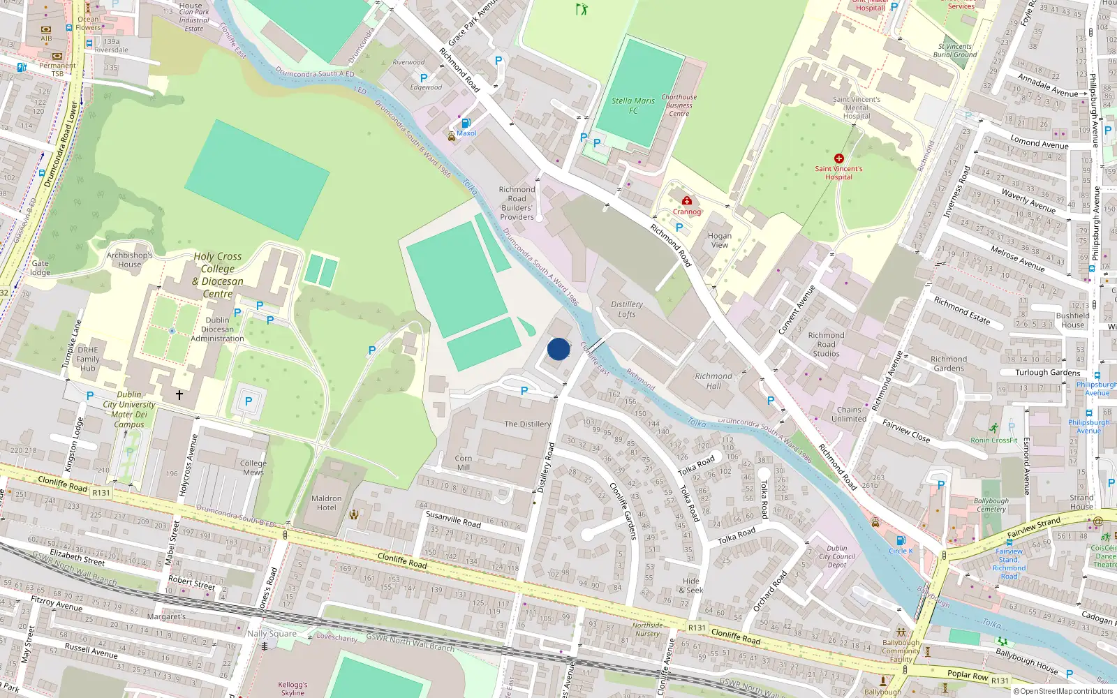 Overhead map showing the location of 26 Clonliffe Square, Distillery Road, Clonliffe Road Dublin 3