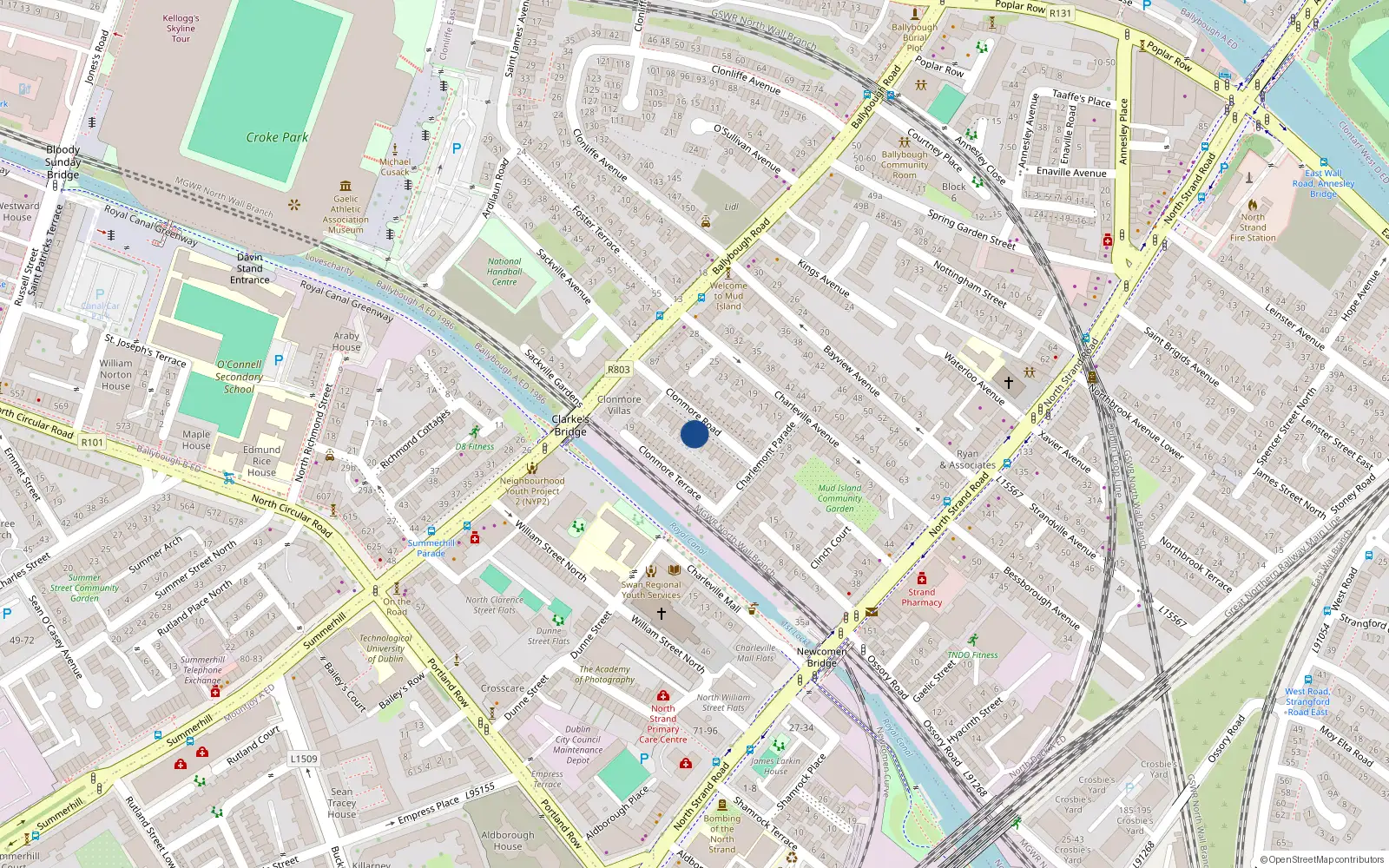 Overhead map showing the location of 26 Clonmore Road, Dublin 3