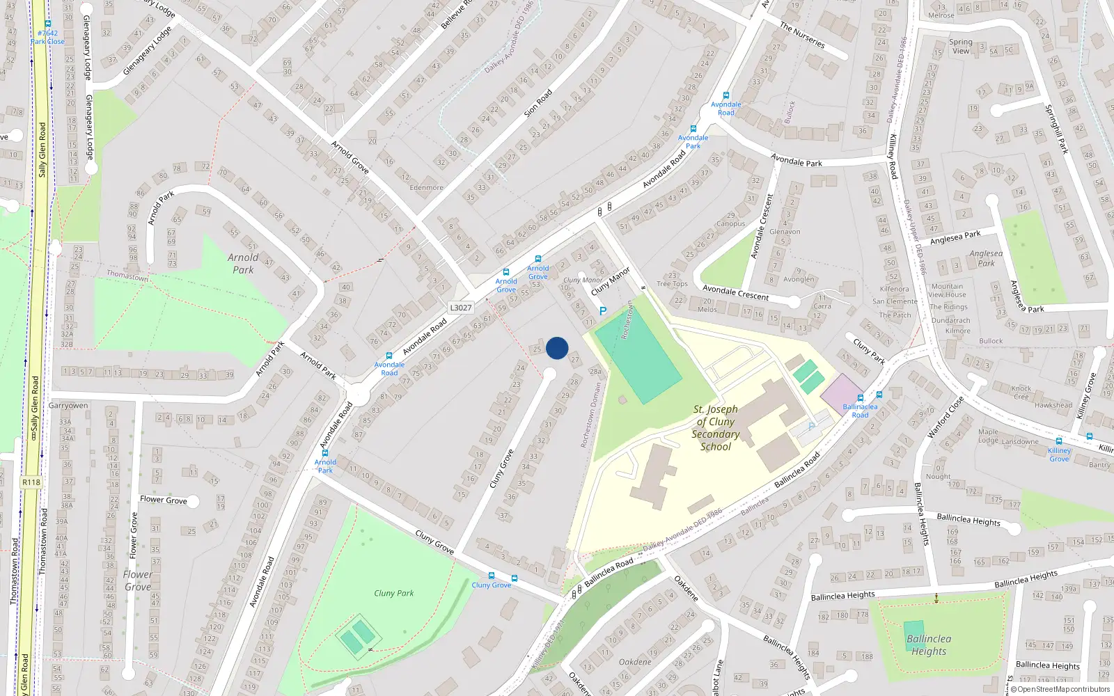 Overhead map showing the location of 26 Cluny Grove, Killiney, Dublin