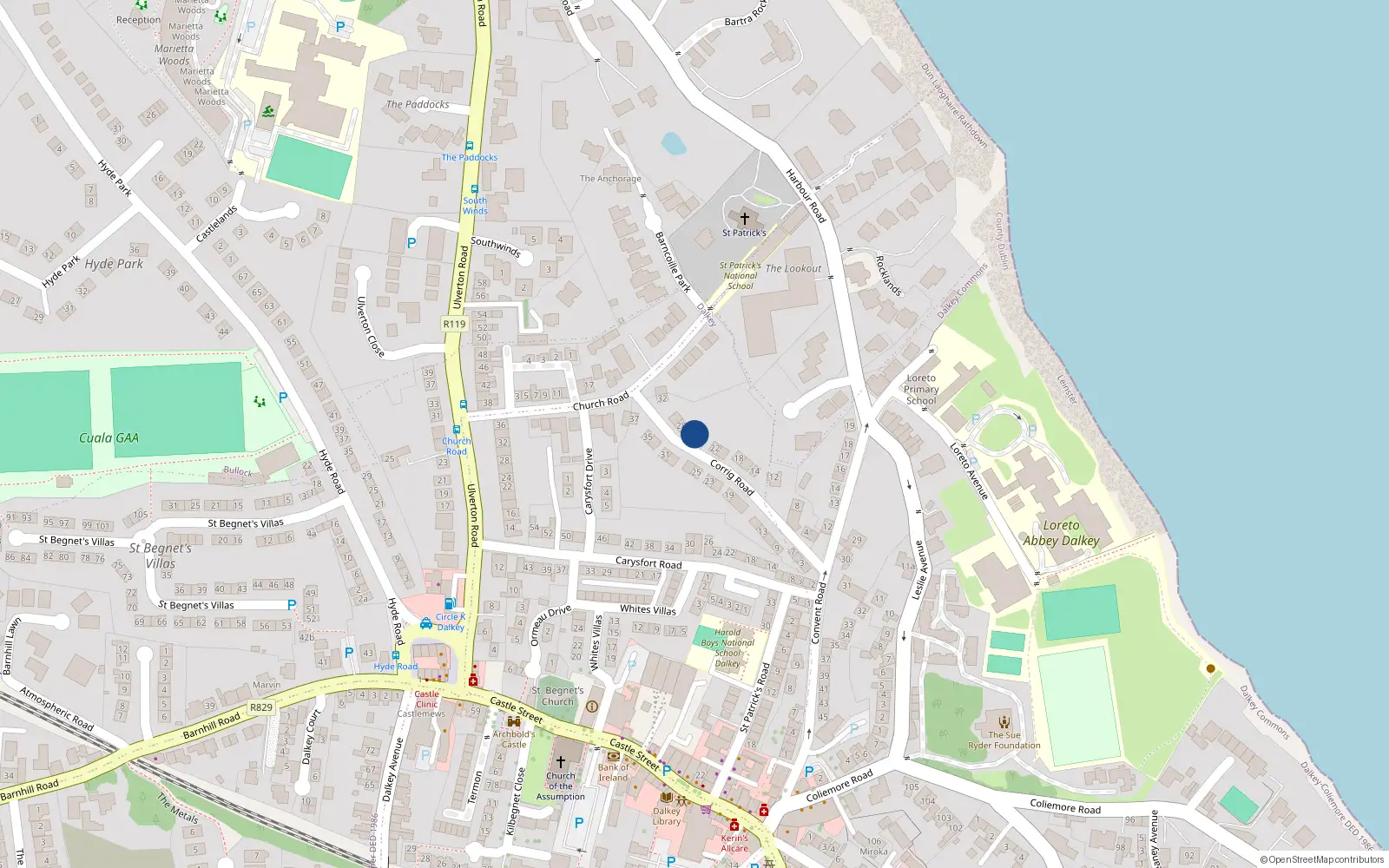 Overhead map showing the location of 26 Corrig Road, Dalkey, Dublin