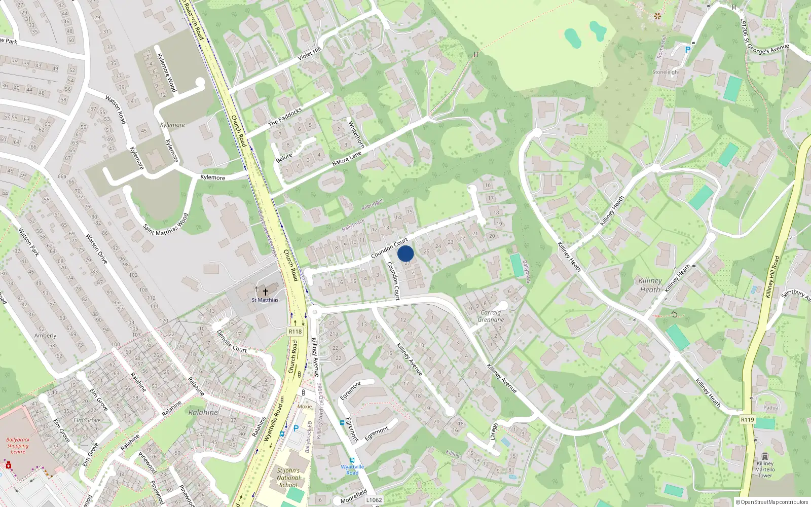 Overhead map showing the location of 26 Coundon Court, Killiney