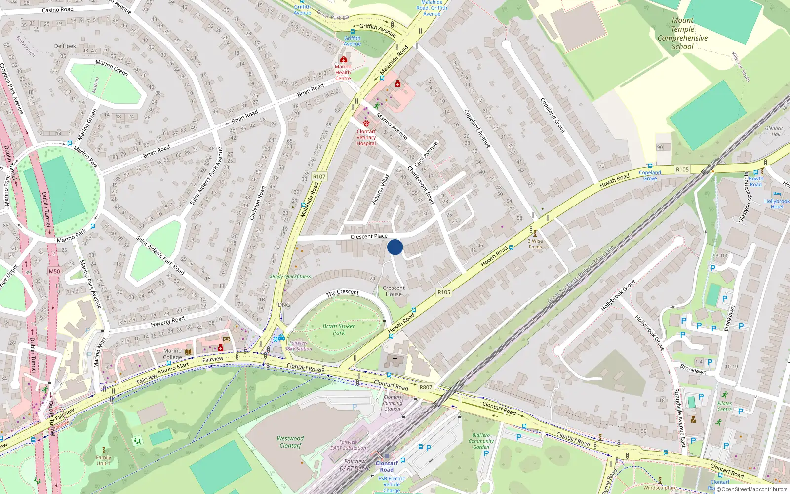 Overhead map showing the location of 26 Crescent Place, Dublin