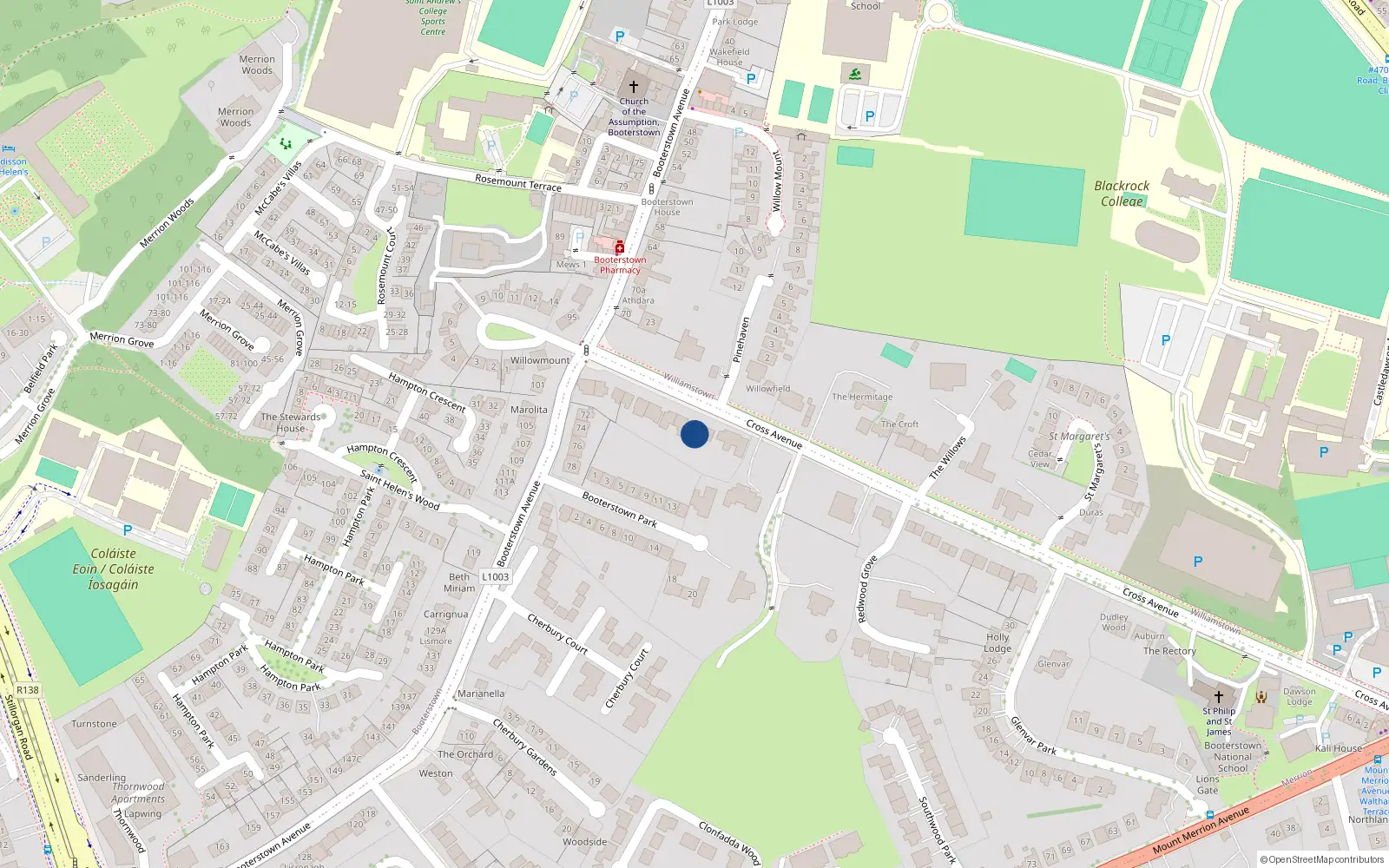 Overhead map showing the location of 26 Cross Avenue, Blackrock