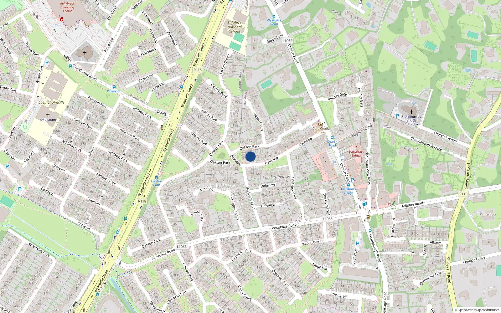 Overhead map showing the location of 26 Dale View, Ballybrack