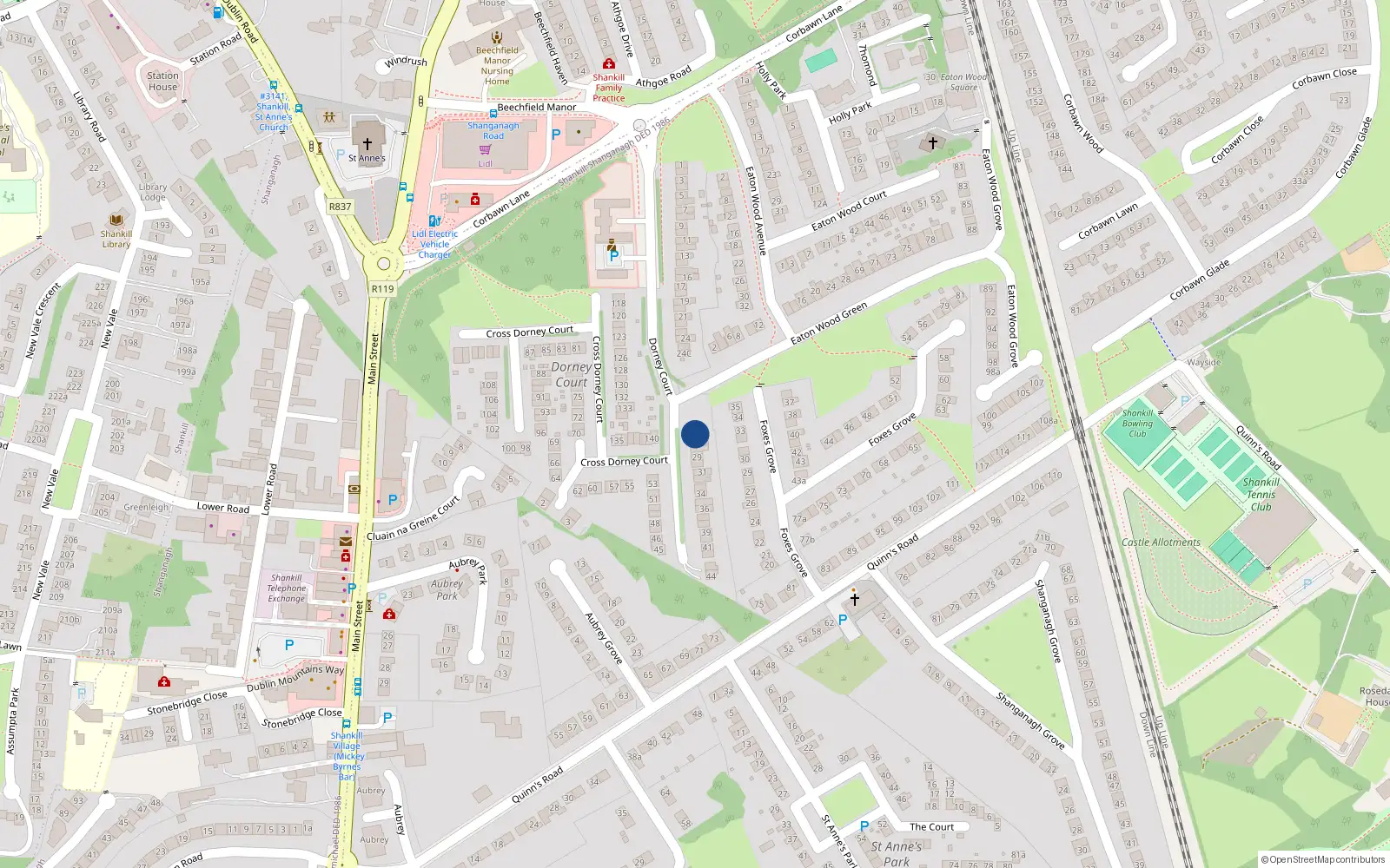 Overhead map showing the location of 26 Dorney Court, Shankill