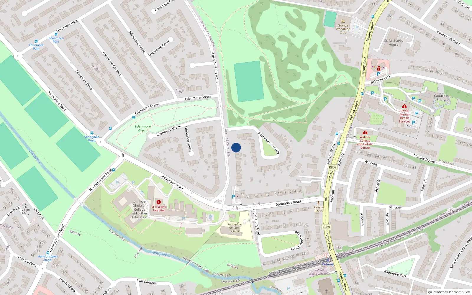Overhead map showing the location of 26 Edenmore Crescent, Raheny, Dublin 5