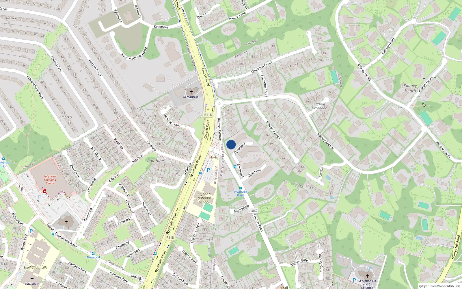 Overhead map showing the location of 26 Egremont, Church Road, Killiney