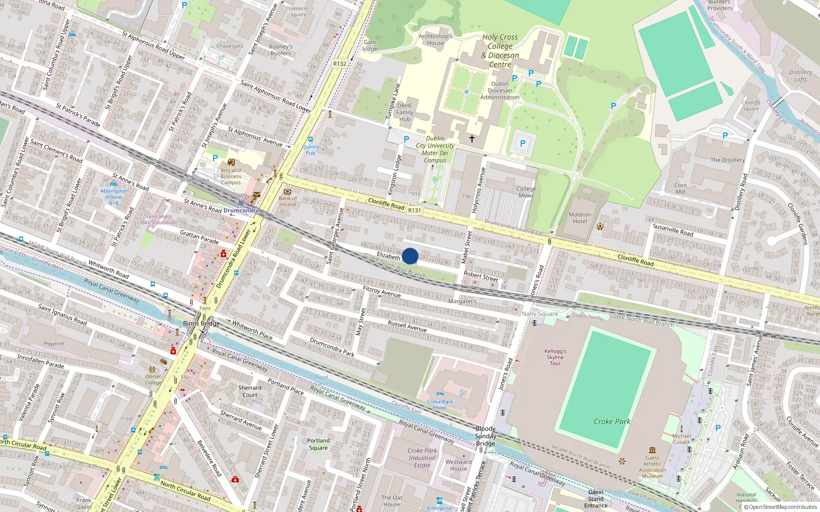 Overhead map showing the location of 26 Elizabeth St, Off Clonliffe Road, Dublin 3