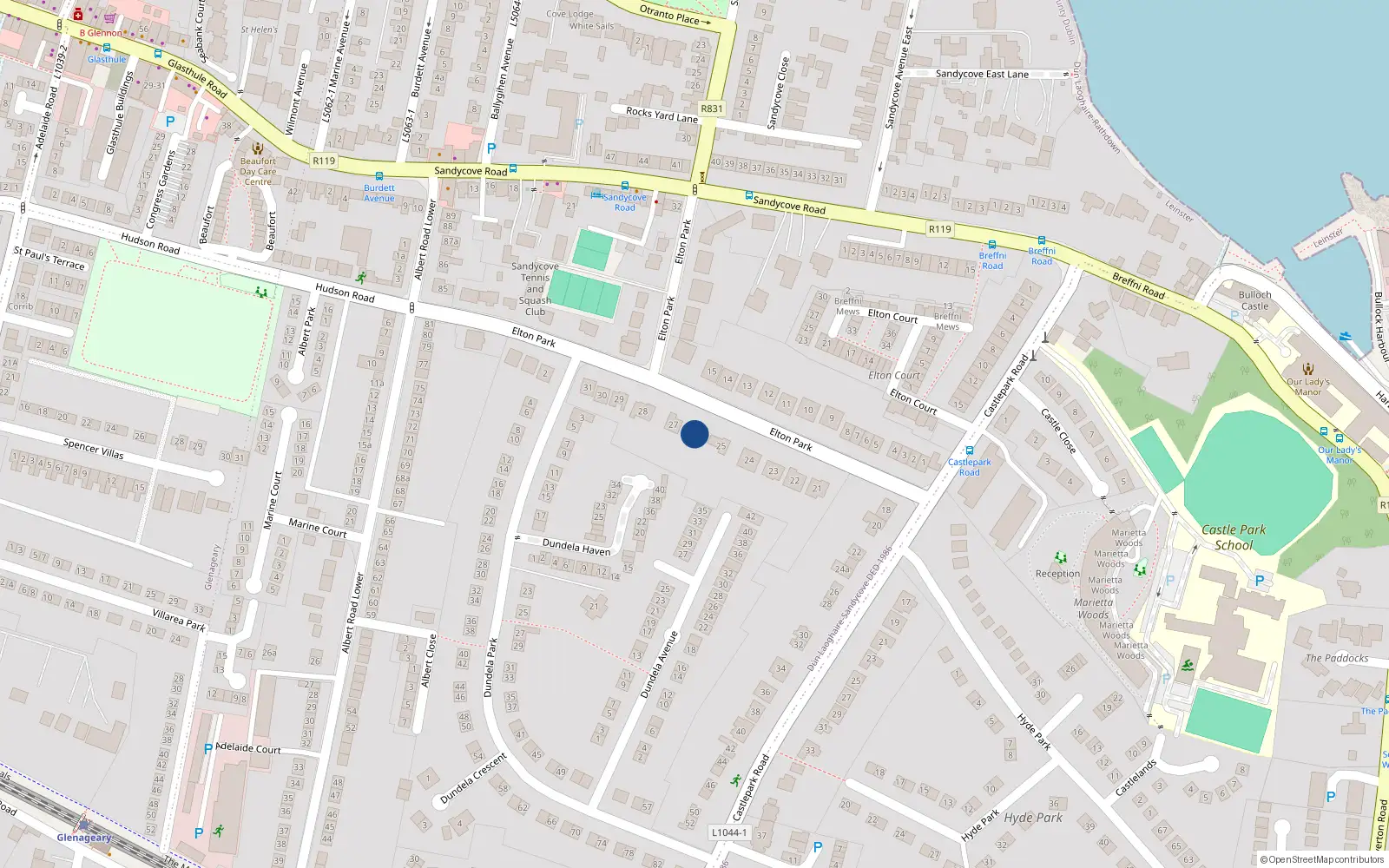 Overhead map showing the location of 26 Elton Park, Sandycove, Co. Dublin