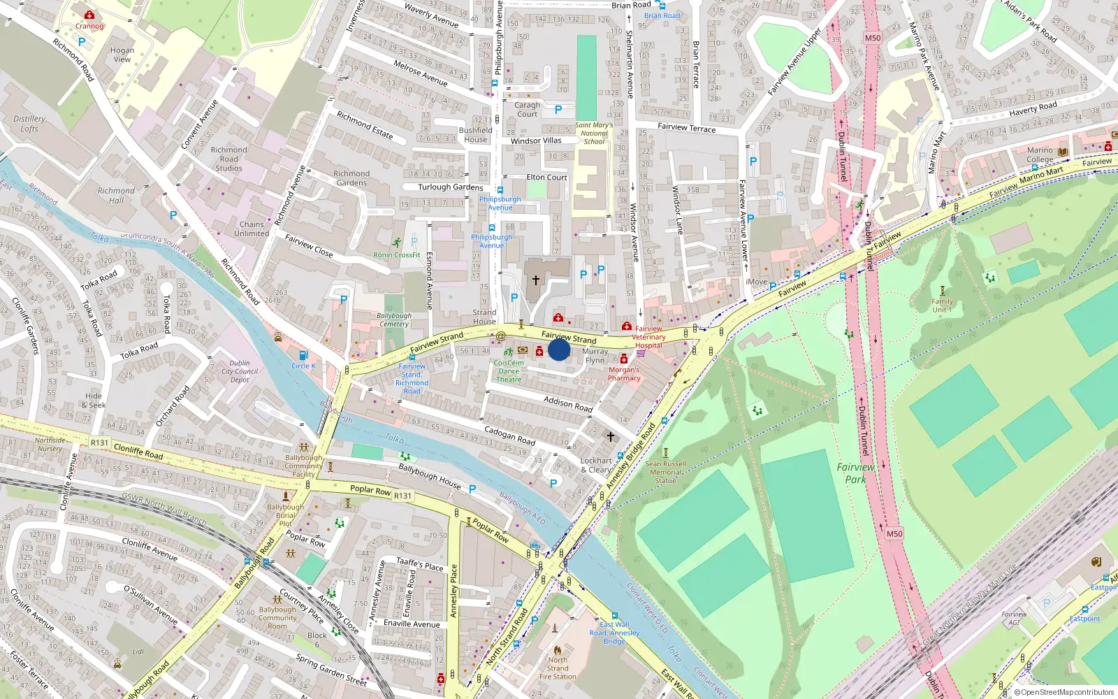 Overhead map showing the location of 26 Fairview Strand, Dublin 3