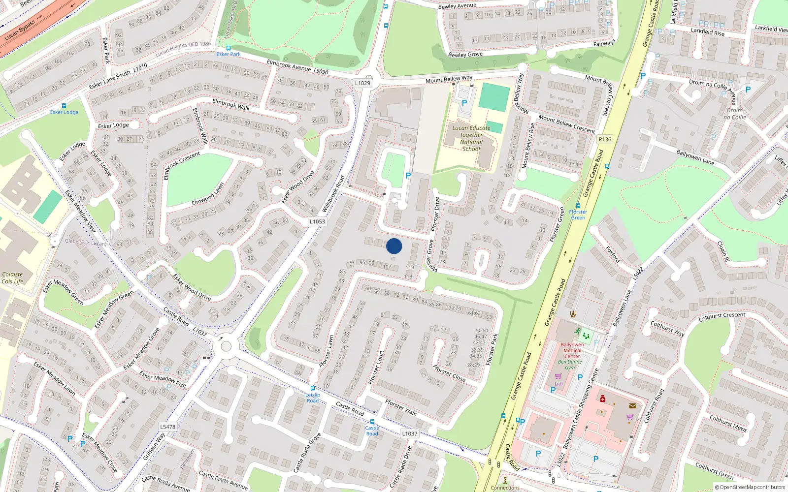 Overhead map showing the location of 26 Fforster Grove, Ballydowd Manor, Lucan