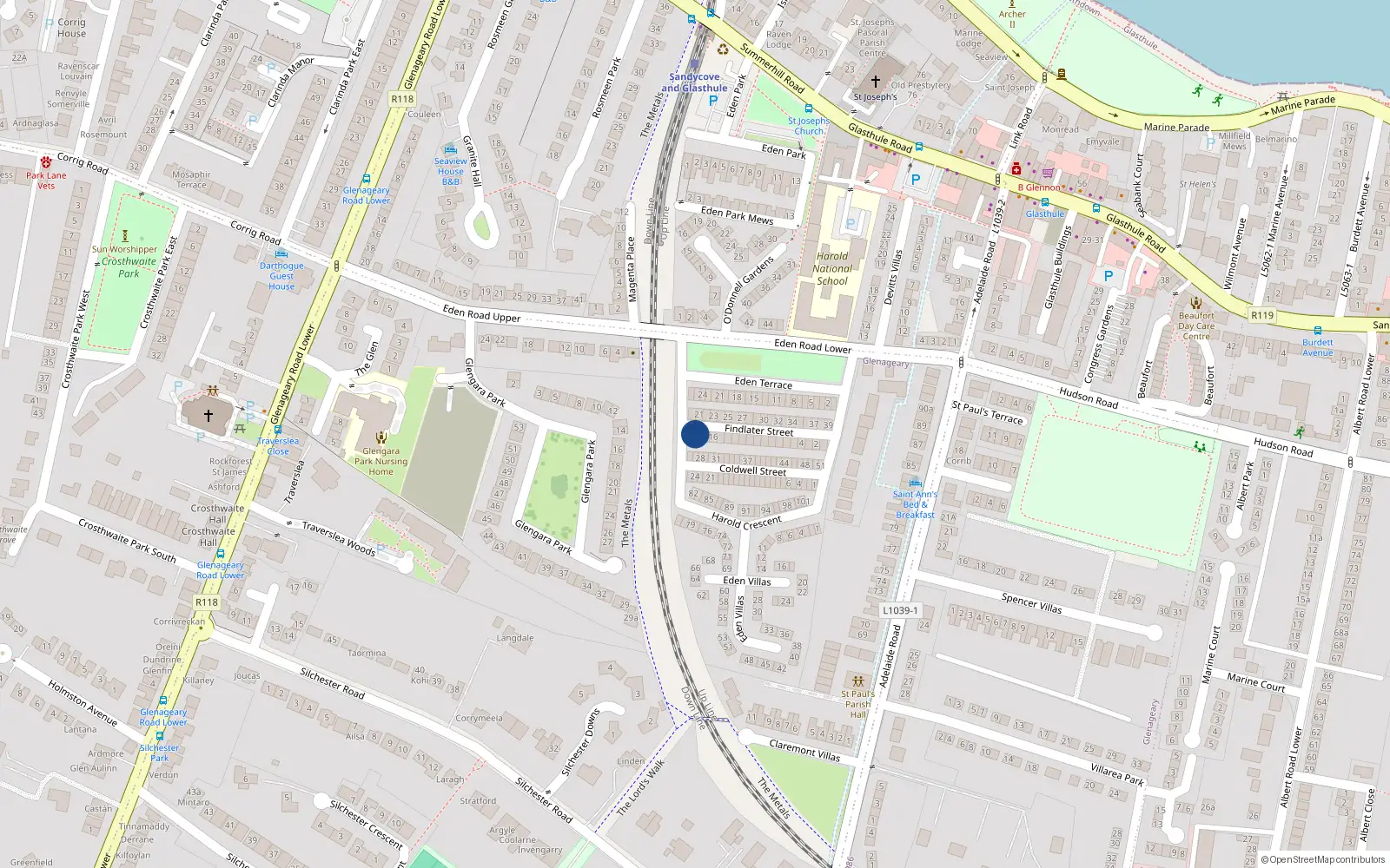 Overhead map showing the location of 26 Findlater Street, Dublin