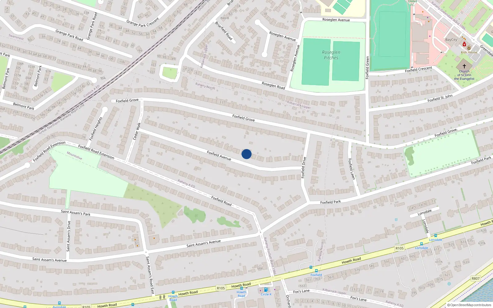 Overhead map showing the location of 26 Foxfield Avenue, Dublin 5