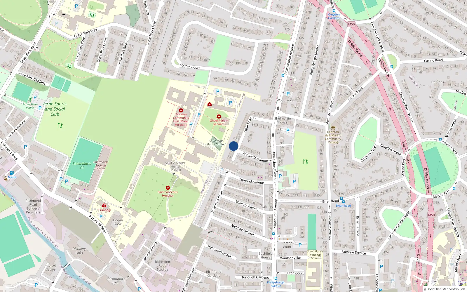 Overhead map showing the location of 26 Foyle Road, Fairview, Dublin 3