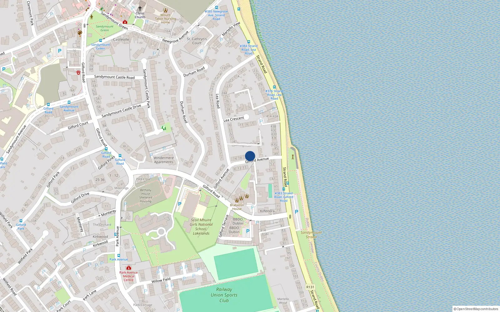 Overhead map showing the location of 26 Gilford Avenue, Sandymount