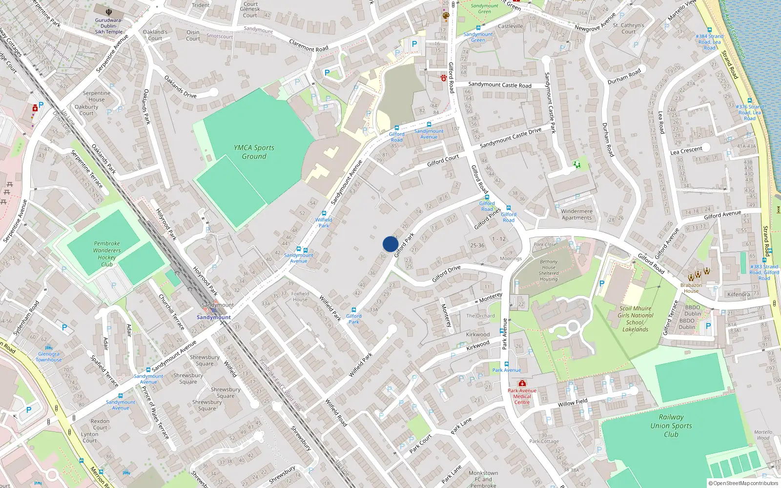 Overhead map showing the location of 26 Gilford Park, Sandymount