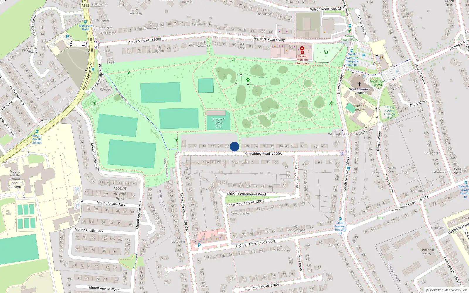Overhead map showing the location of 26 Glenabbey Road, Mount Merrion, Co Dublin