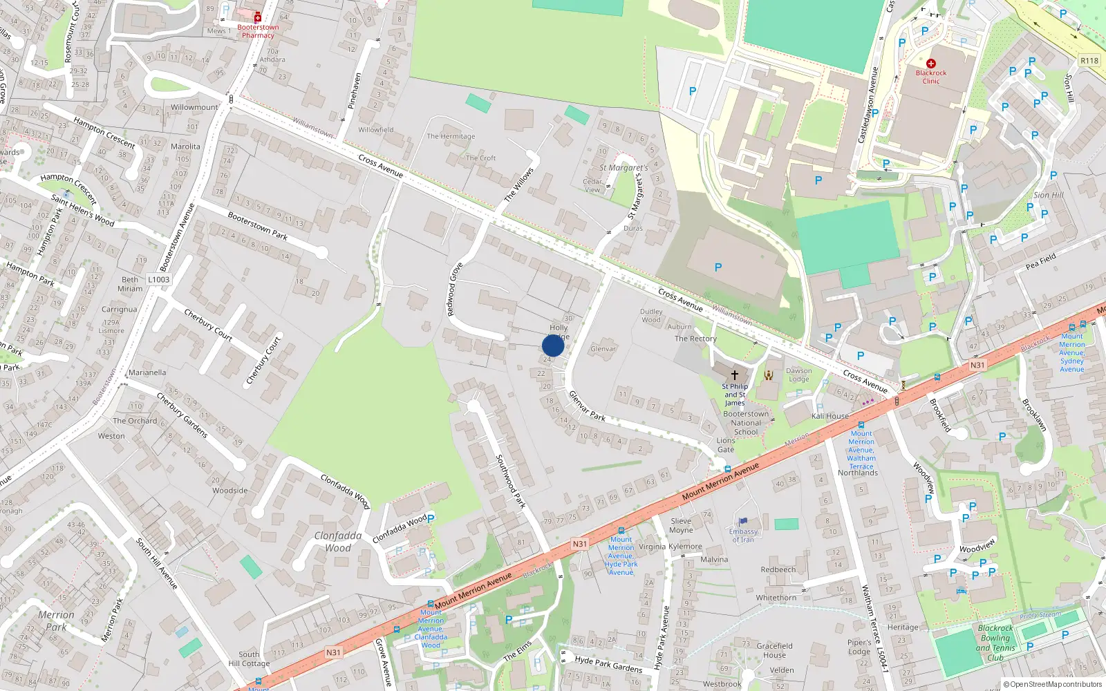 Overhead map showing the location of 26 Glenvar Park, Blackrock