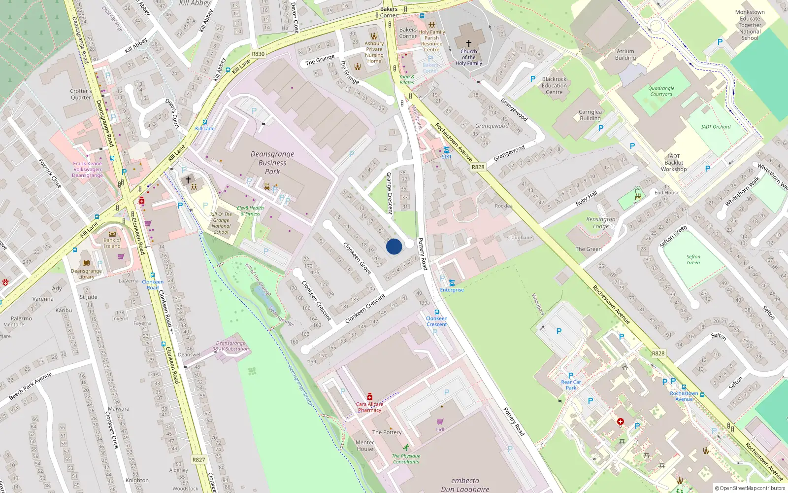 Overhead map showing the location of 26 Grange Crescent, Pottery Road, Dun Laoghaire