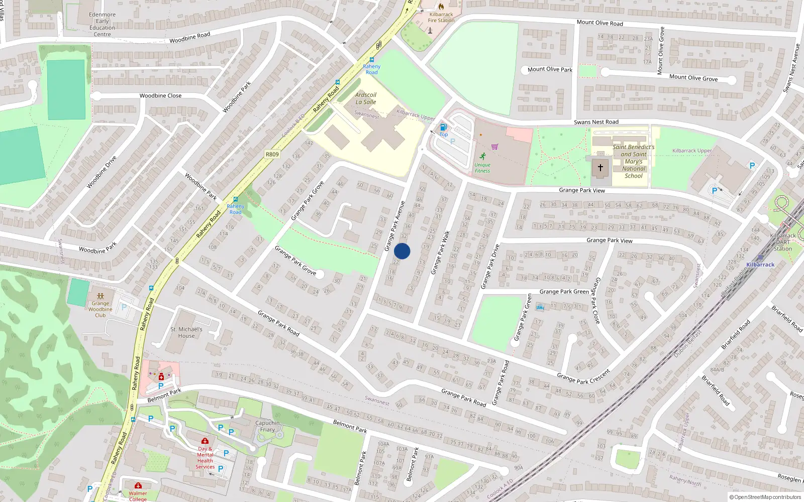Overhead map showing the location of 26 Grange Park Avenue, Dublin 5