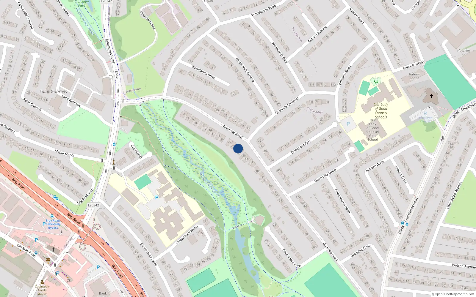 Overhead map showing the location of 26 Granville Road, Dublin