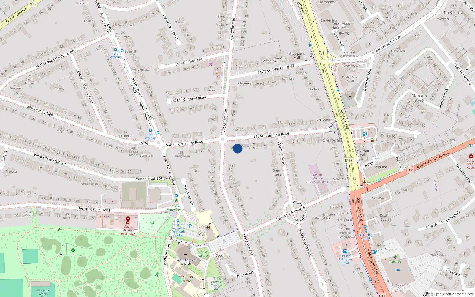 Overhead map showing the location of 26 Greenfield Road, Blackrock
