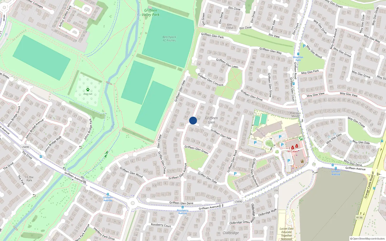 Overhead map showing the location of 26 Griffeen Glen Avenue, Lucan