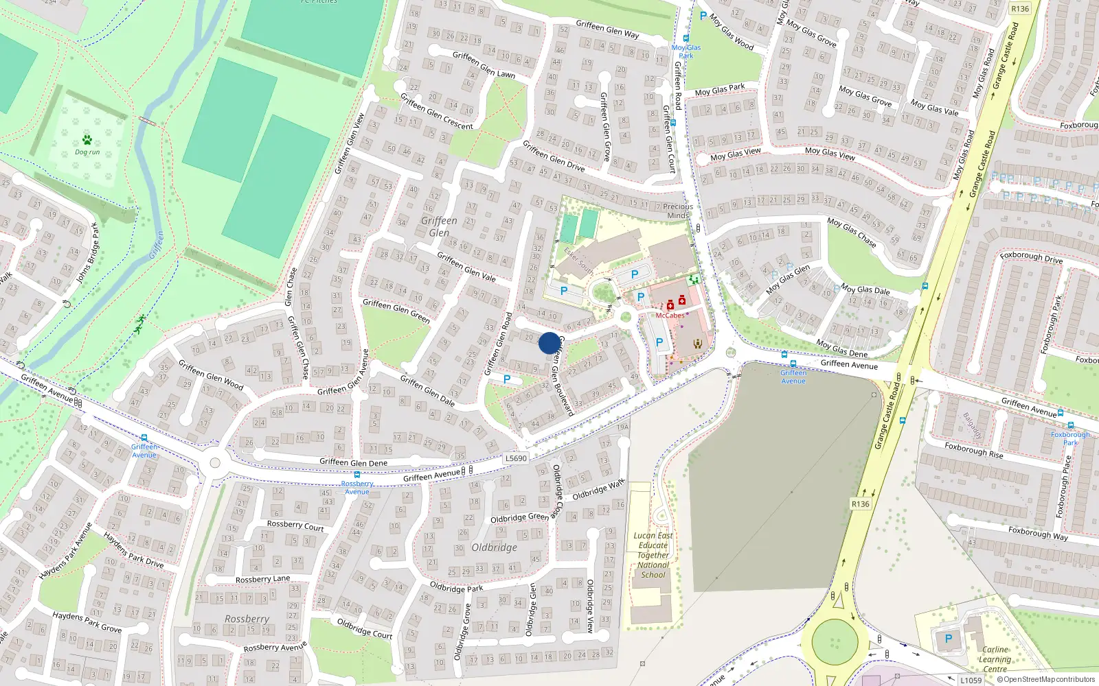 Overhead map showing the location of 26 Griffeen Glen Blvd, Lucan, Dublin