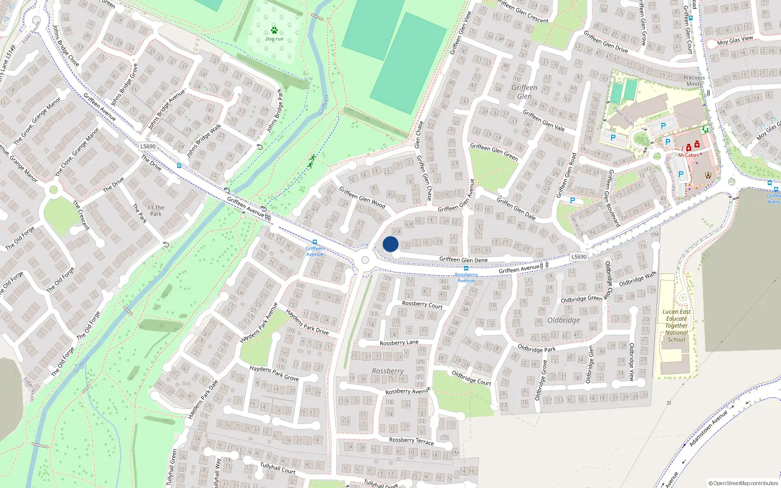 Overhead map showing the location of 26 Griffeen Glen Dene, Lucan