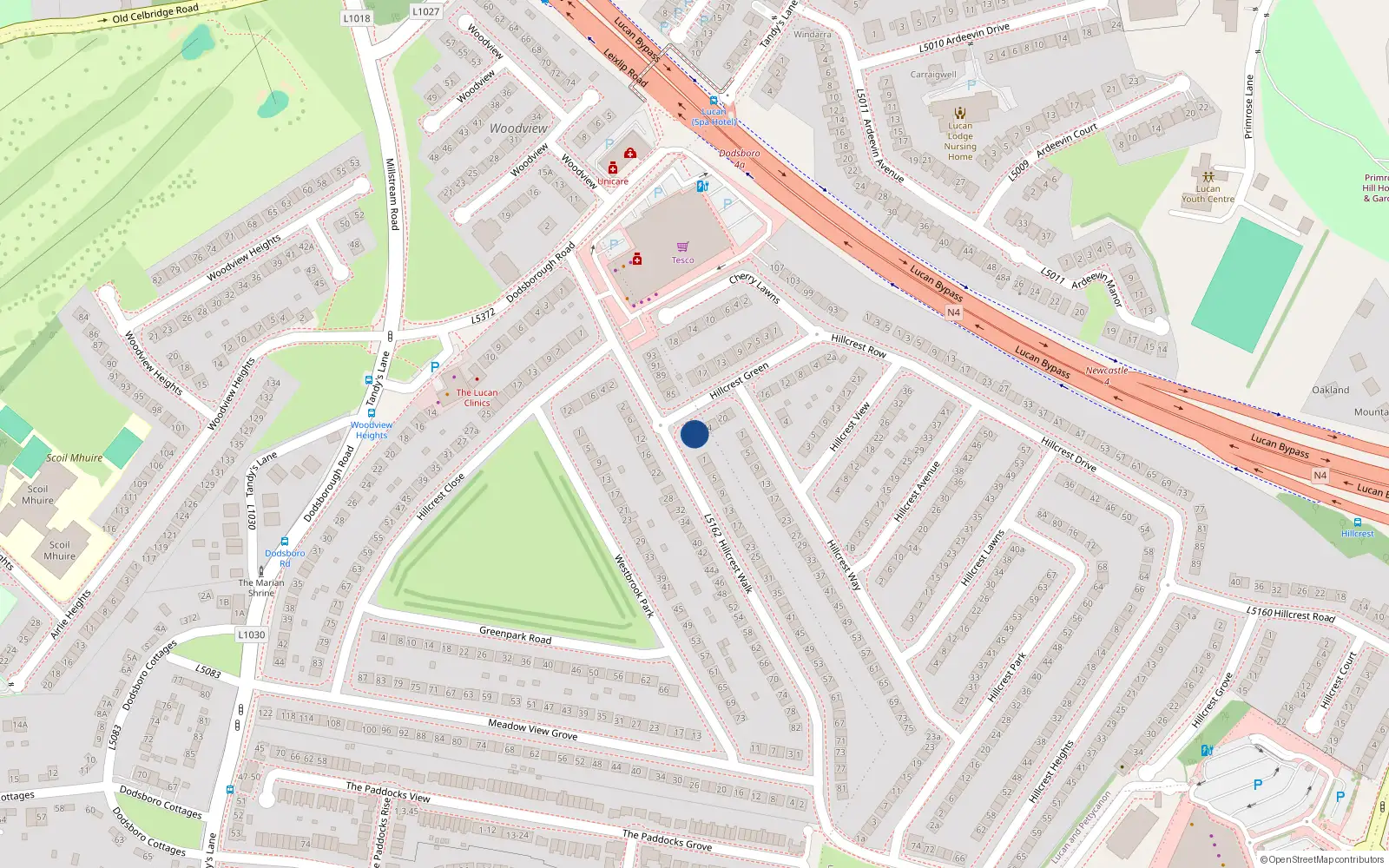 Overhead map showing the location of 26 Hillcrest Green, Lucan, Dublin