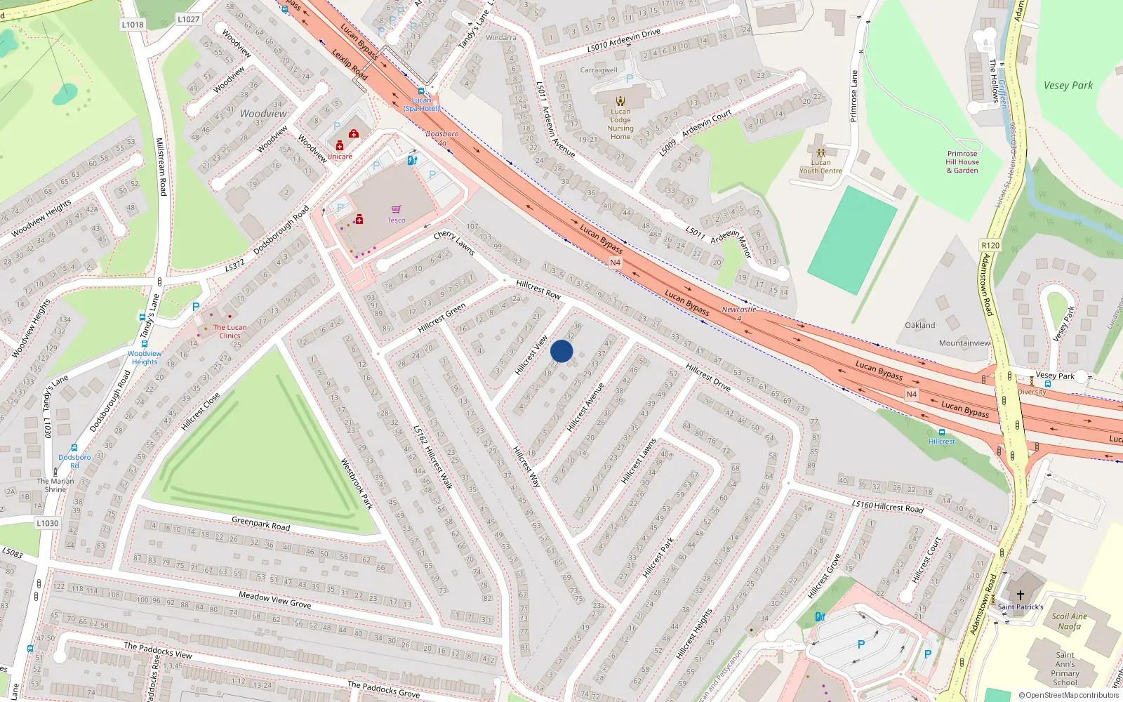 Overhead map showing the location of 26 Hillcrest View, Lucan