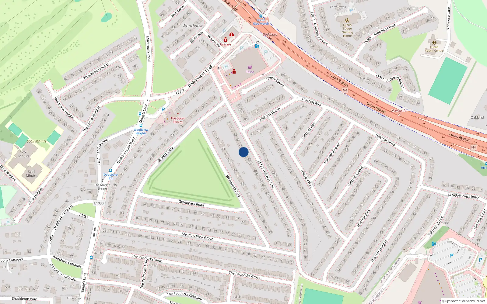 Overhead map showing the location of 26 Hillcrest Walk, Lucan, Dublin