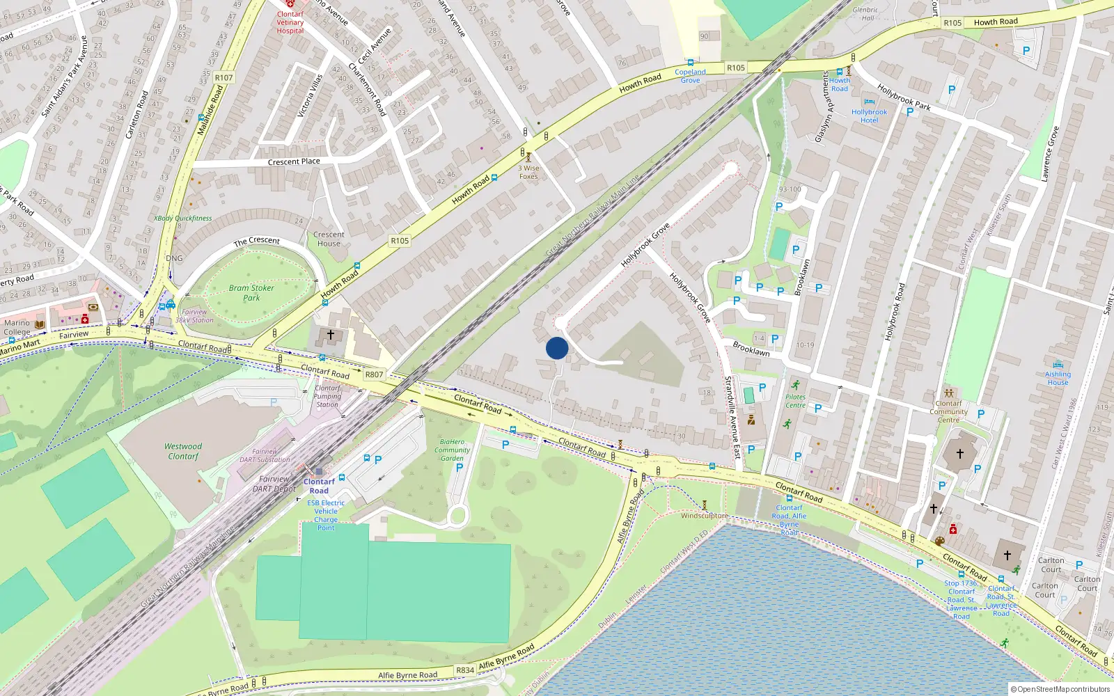 Overhead map showing the location of 26 Hollybrook Grove, Clontarf, Dublin 3