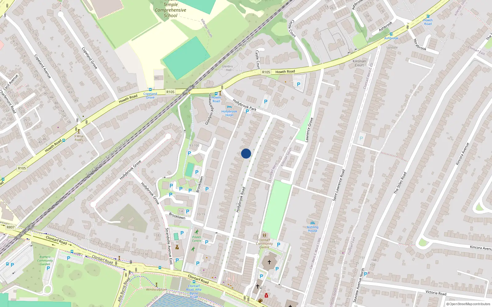 Overhead map showing the location of 26 Hollybrook Road, Dublin 3