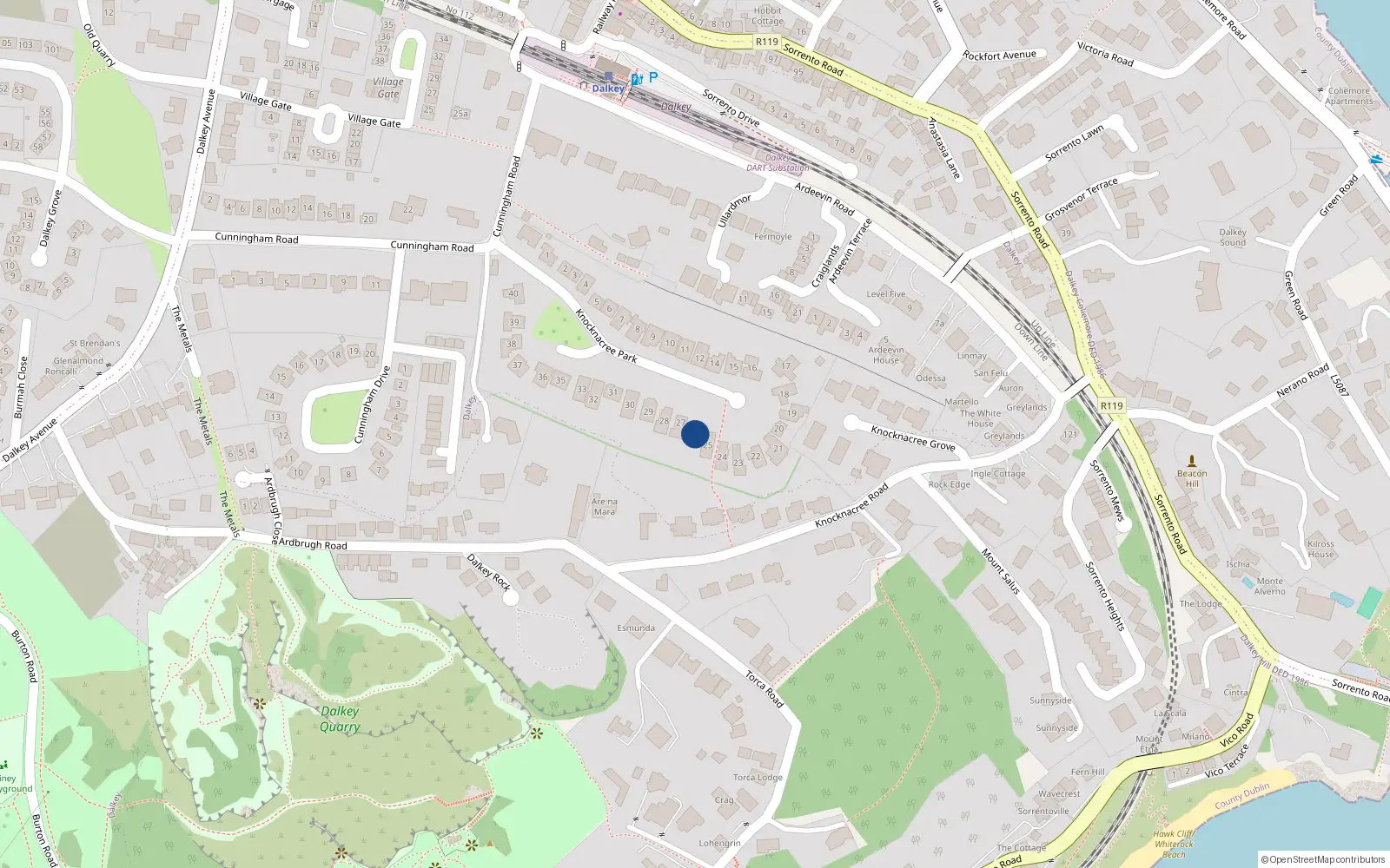 Overhead map showing the location of 26 Knocknacree Park, Dalkey, Dublin
